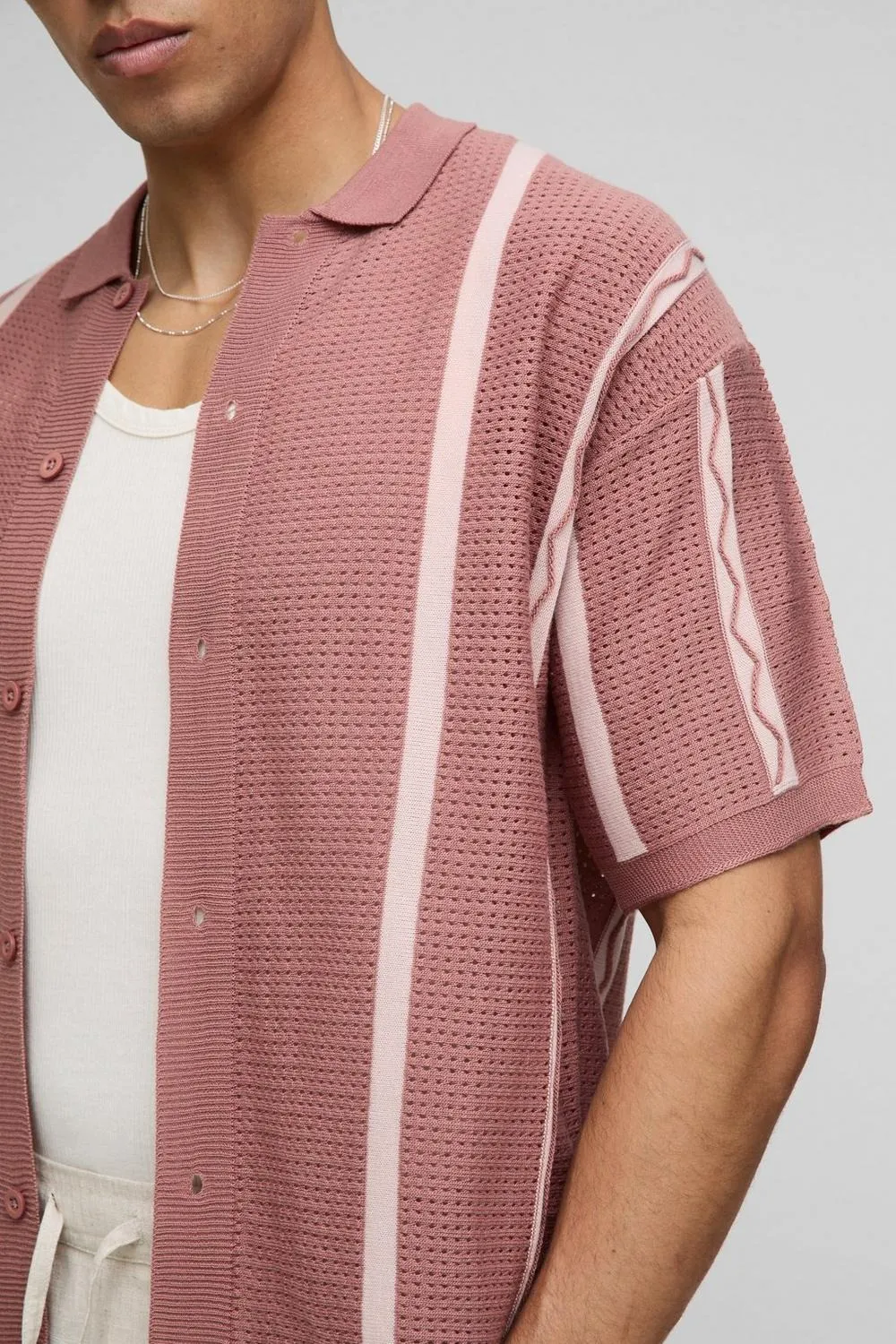 Relaxed Fit Open Stitch Border Stripe Knitted Acrylic Shirt Cropped