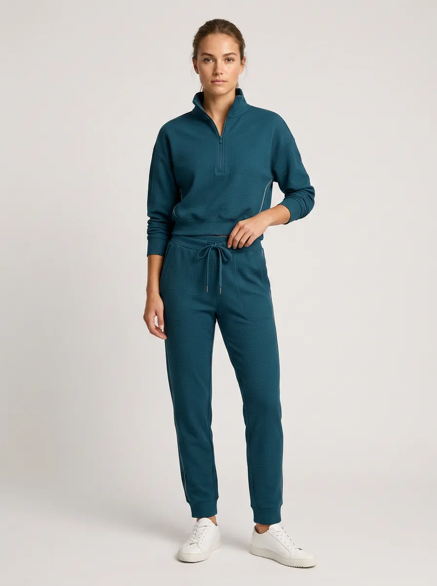 Women's Teal Waffle Knit Quarter-Zip Jogger Lounge Set