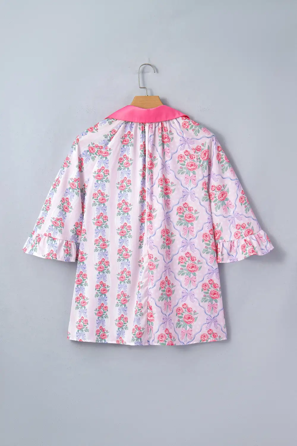 Purple Floral Collared Ruffled Half Sleeve Shirt