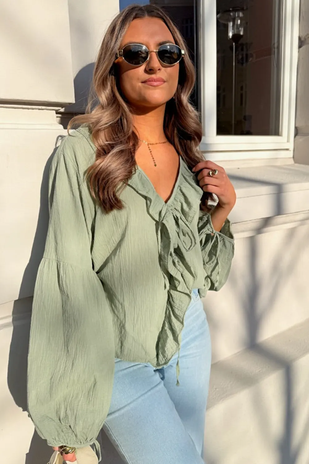 Ruffle Trim Long Sleeve V Neck Blouse
