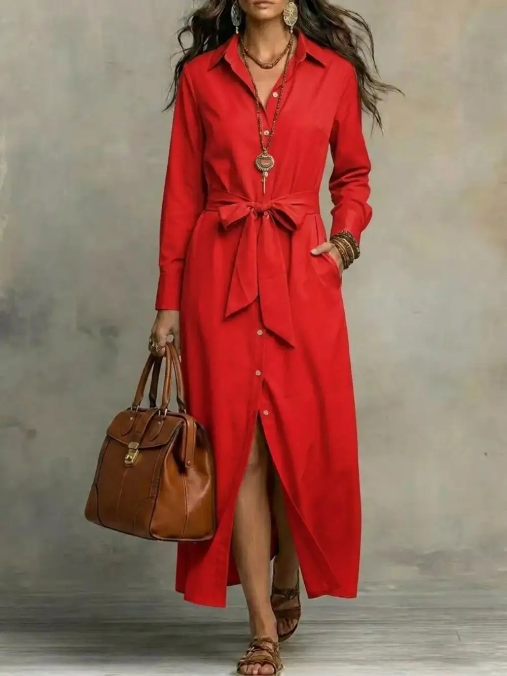 Tie Waist Long Sleeve Shirt Dress