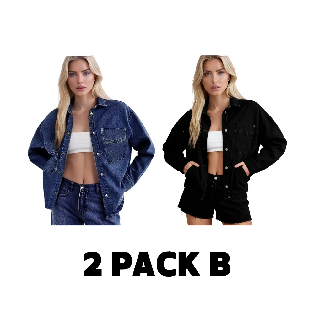 Women's Plain Button Front Drop Shoulder Curved Hem Denim Jacket