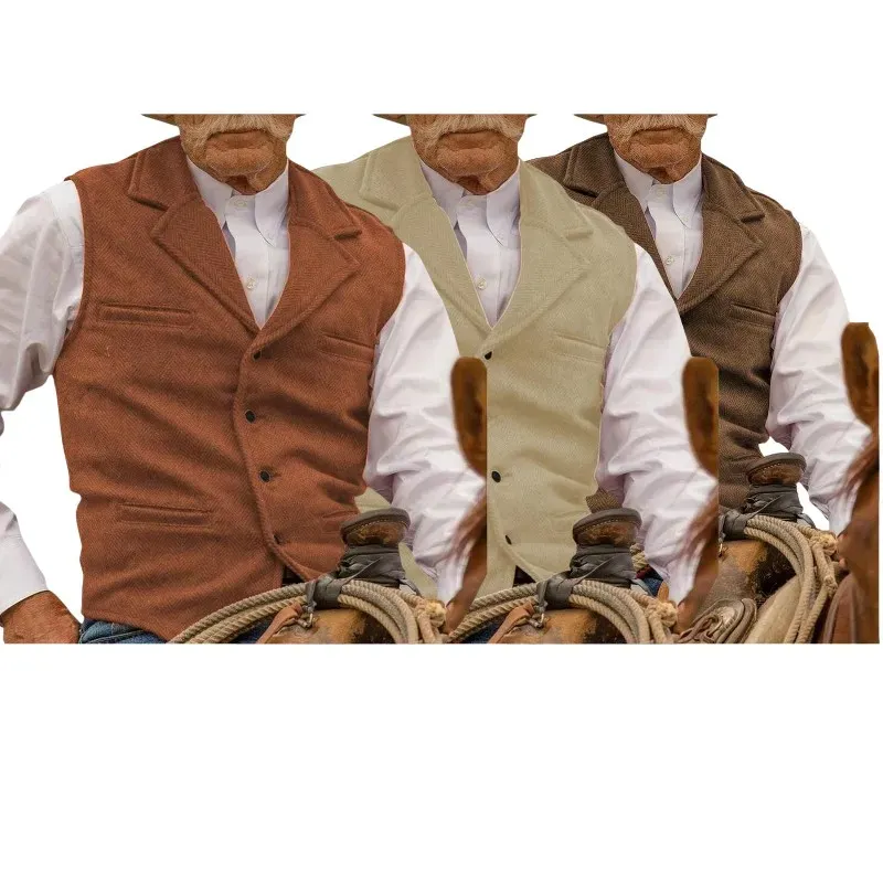 Men's Tweed Cowboy Vests Hunting Fishing Wool Herringbone