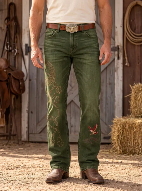 Men's Western Cowboy Lasso Eagle Mountain Printed Jeans