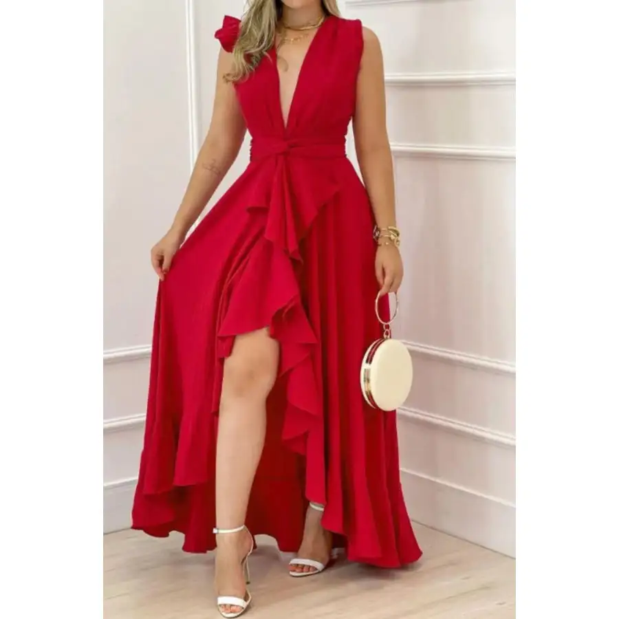 Ruffled Plunge Sleeveless Maxi Dress