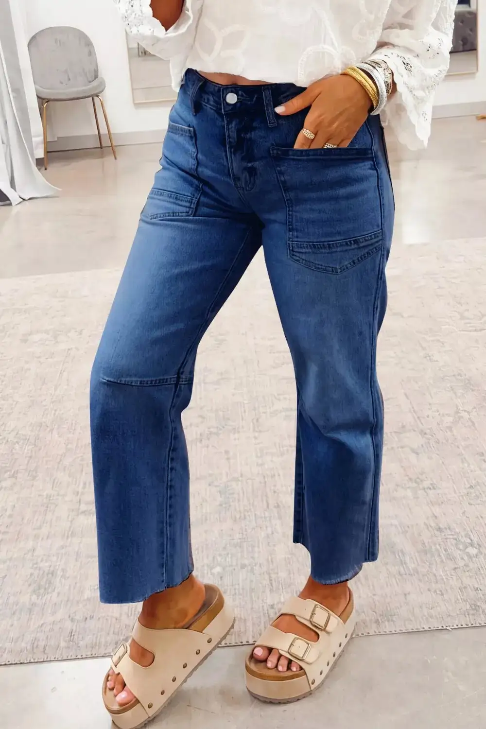 High-Waist Raw-Hem Washed Pocketed Straight Leg Jeans
