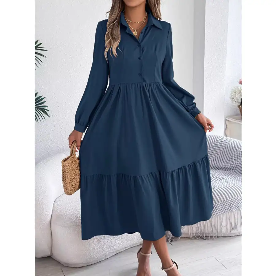 Long Sleeve Tiered Button Front Midi Dress