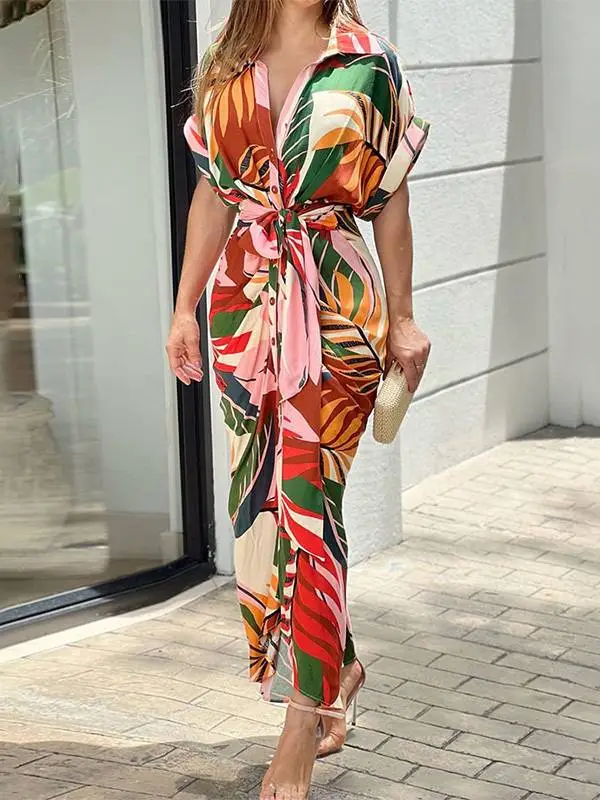 V Neck Pleated Belt Short Sleeve Midi Dress