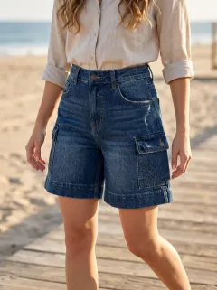 Women's Casual Floral Embroidered Cargo Denim Shorts