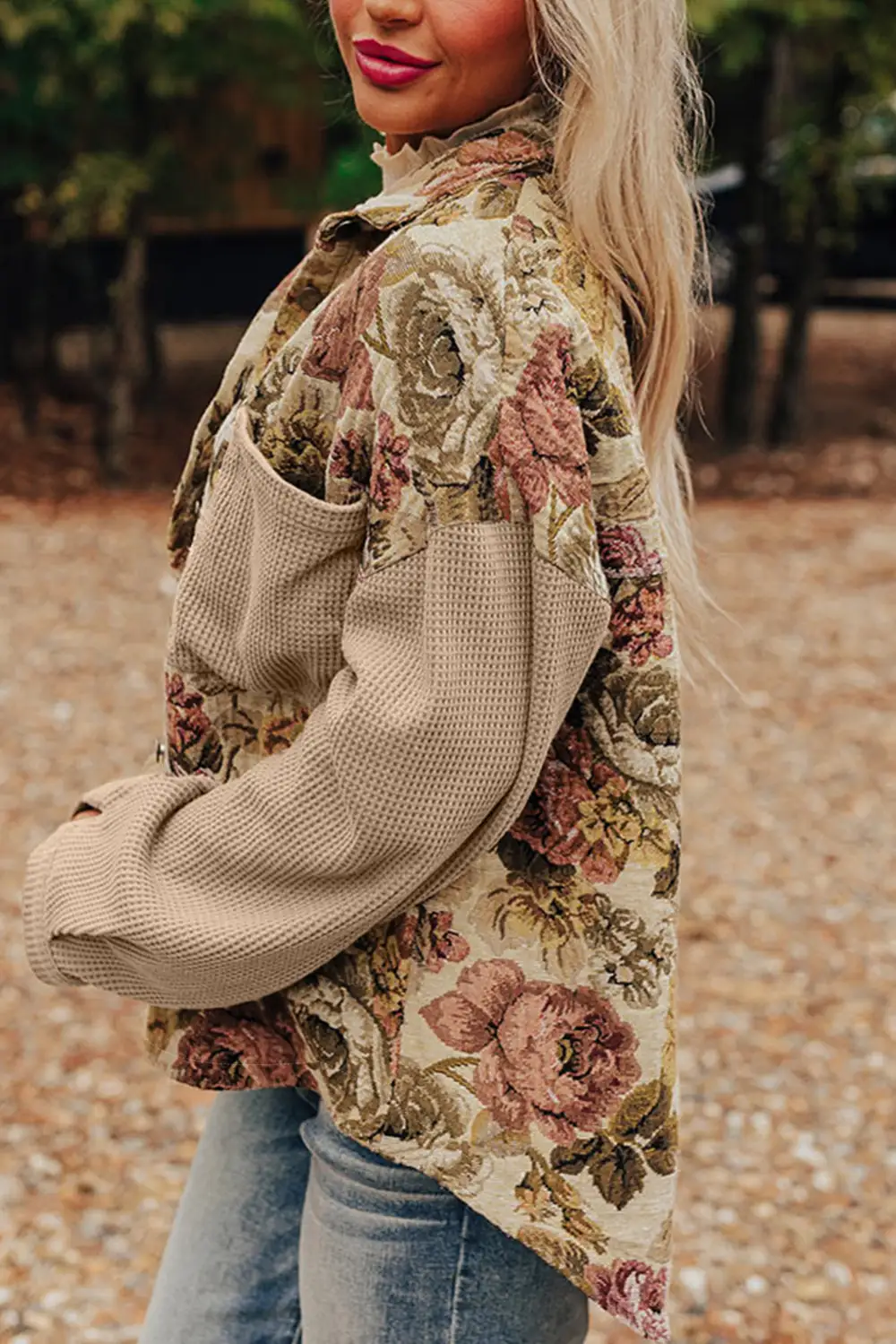 Floral Waffle Knit Patchwork Chest Pockets Button Jacket