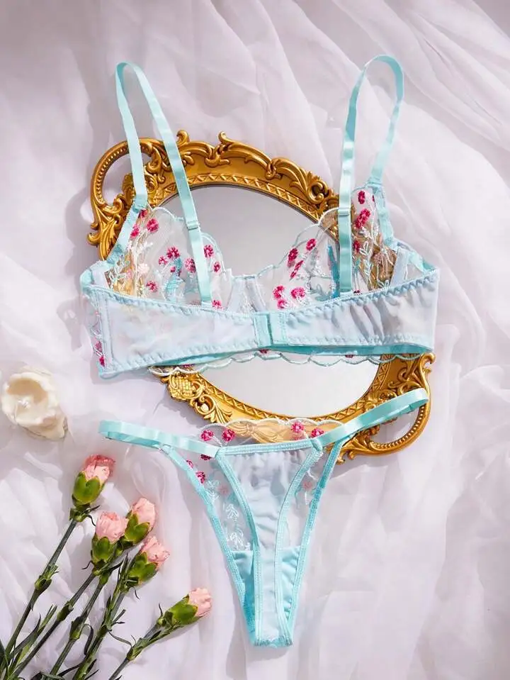 Refined Floral Embroidered Sheer Lingerie Set