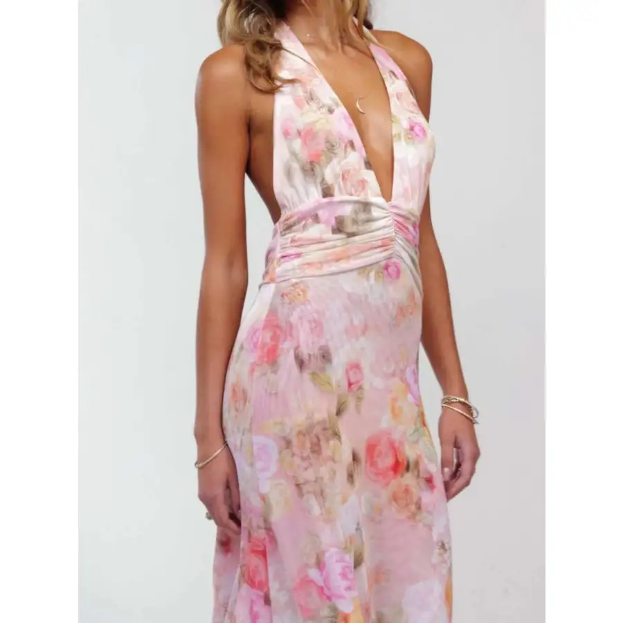 Floral Halter Neck Deep V Maxi Dress