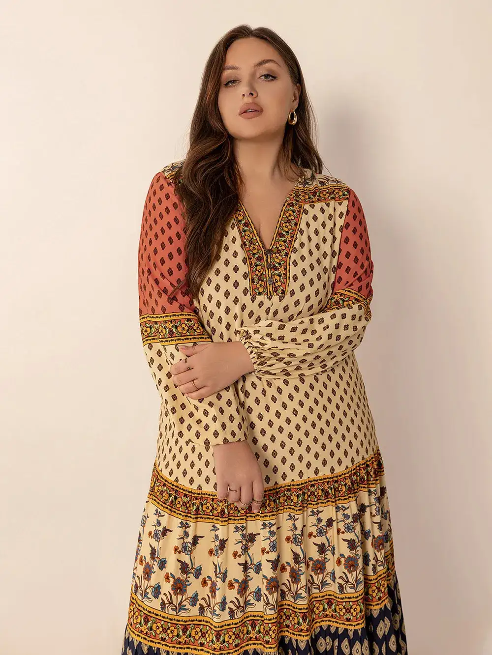 Printed V-Neck Long Sleeve Maxi Dress