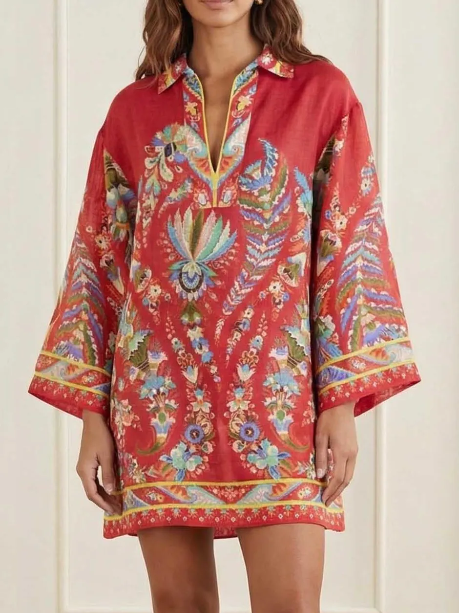 Paisley Print Neck Kaftan Exquisite Mini Dress