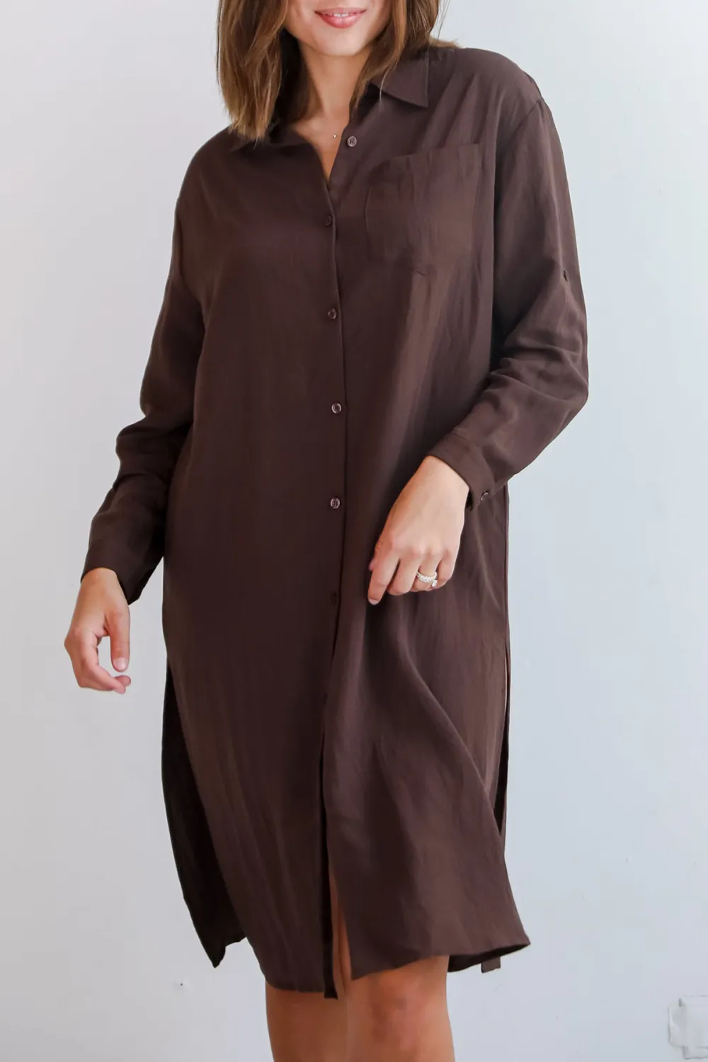 Brown Button Front Midi Dress