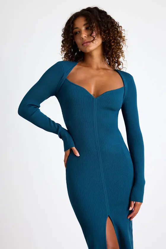 Adoring Me Red Ribbed Long Sleeve Midi Sweater Dress