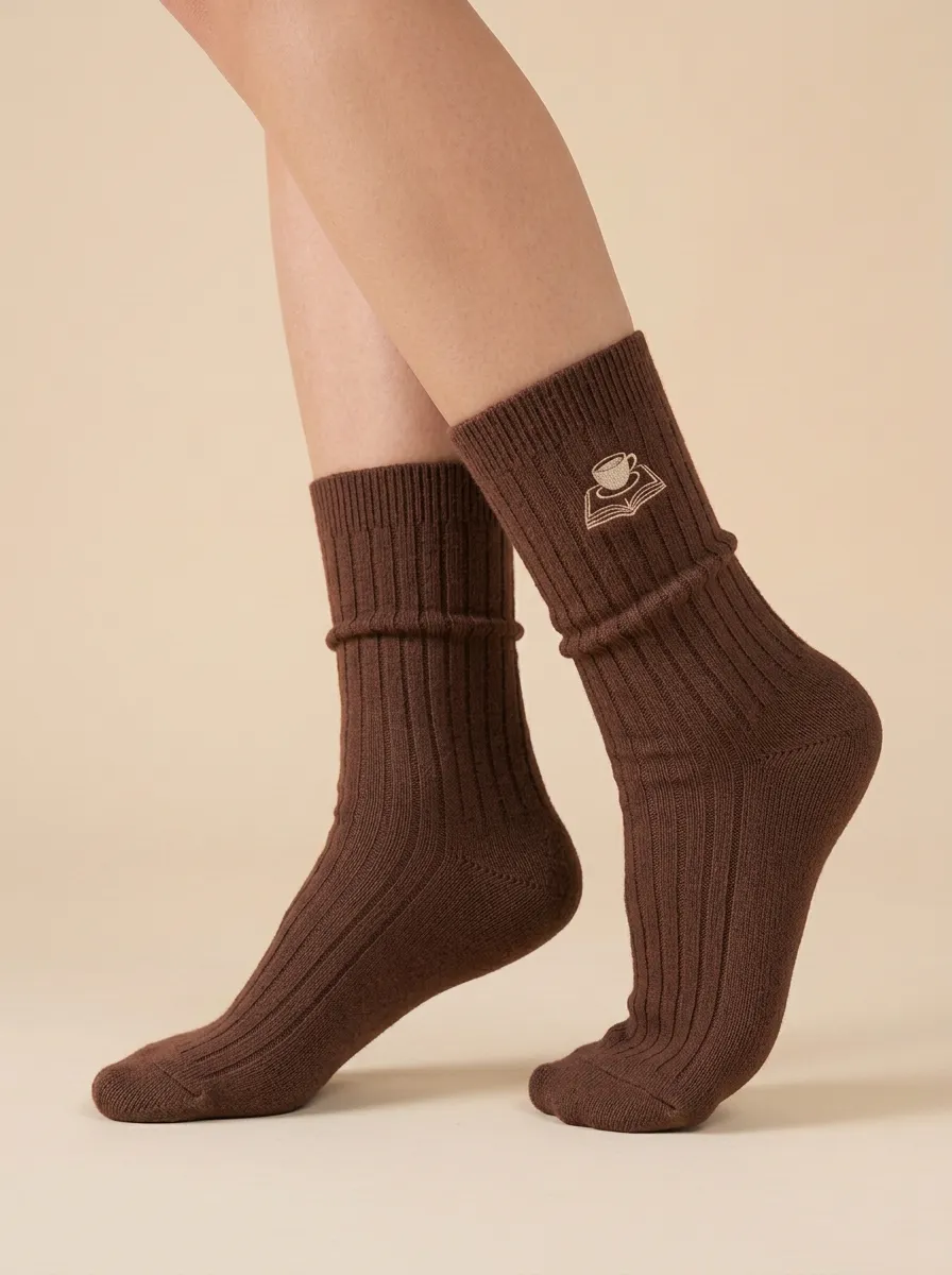 Ribbed Embroidered Coffee-Motif Book-Motif Casual Socks