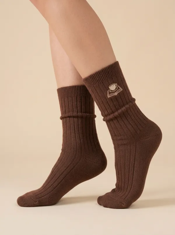 Ribbed Embroidered Coffee-Motif Book-Motif Casual Socks