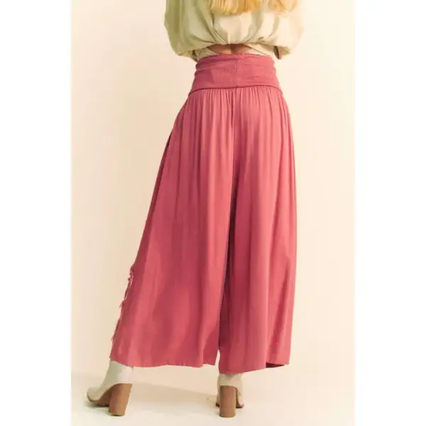 Smocked Waist Flower Patch Wide Leg Pants