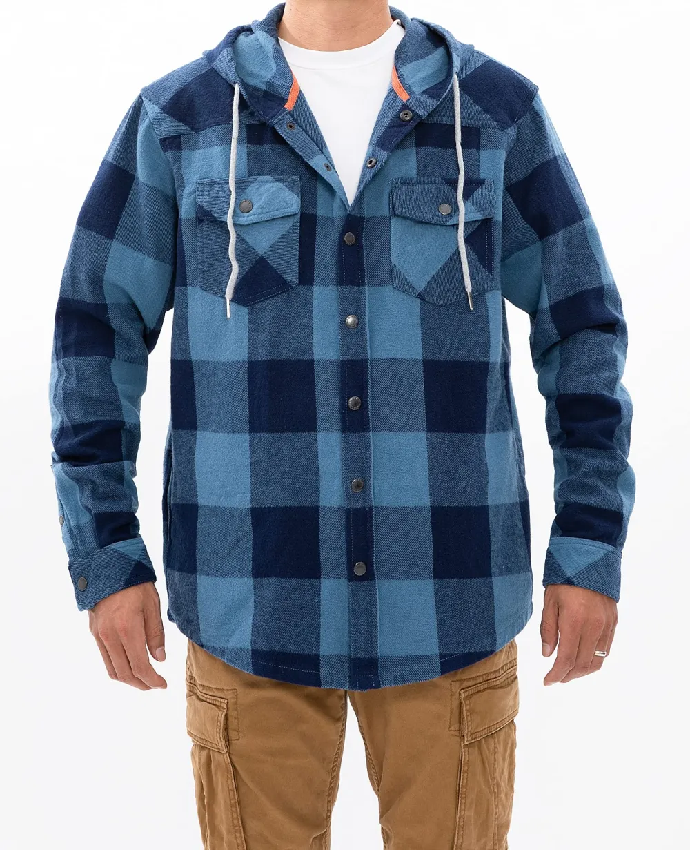 Men's Hooded Plaid Flannel Shirt Jacket with Hand Pockets