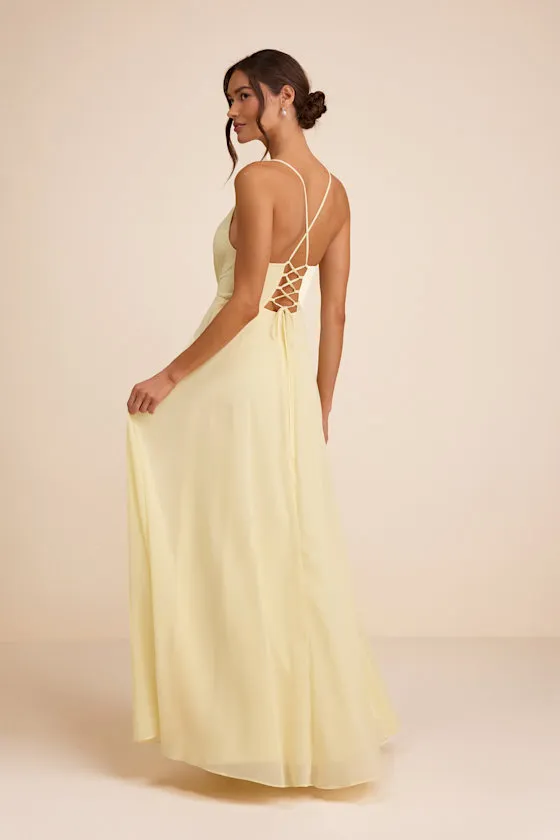 Romantically Speaking Light Yellow Cowl Lace-Up Maxi Dress