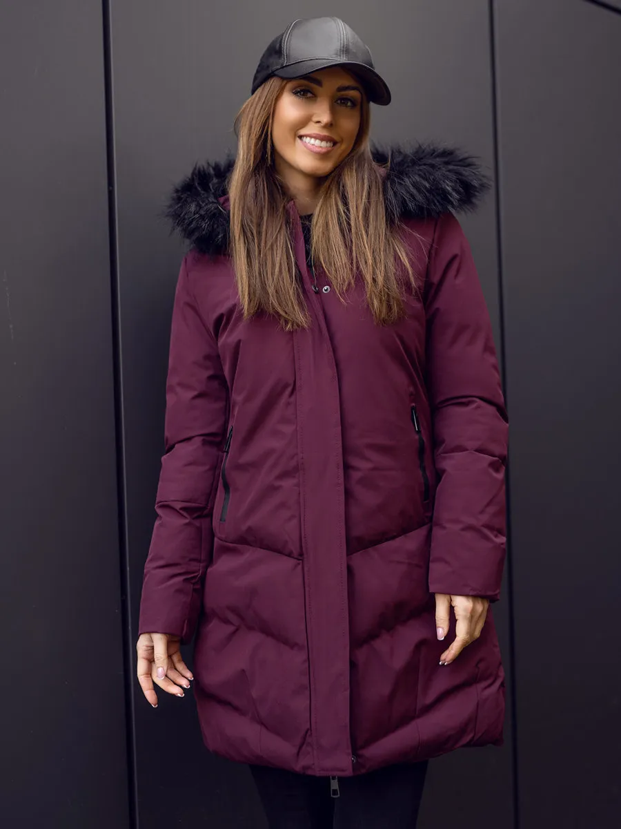 Wine Women's Quilted Winter Jacket With Hood