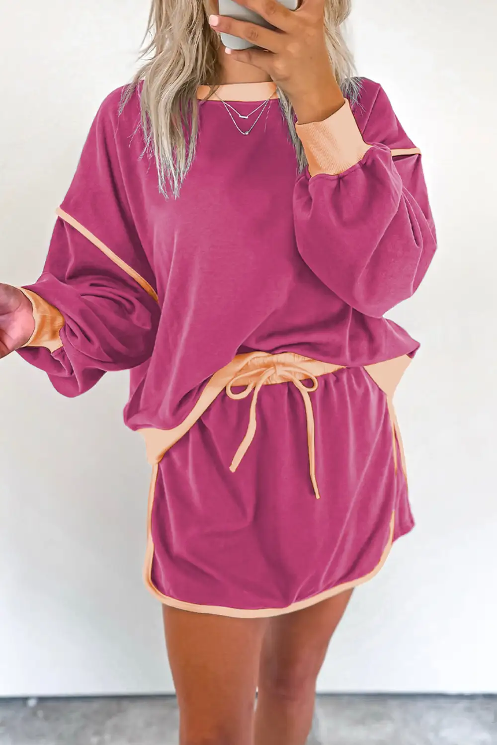 Contrast Loose Pullover and Lace Up Waist Skort Set
