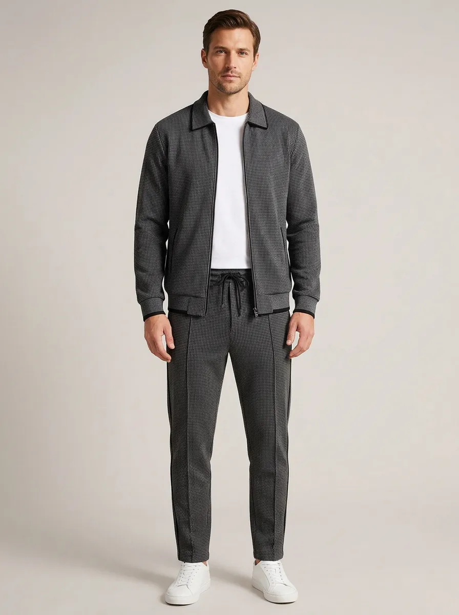 Men's Practical Houndstooth Polo Collar Jacket and Jogger Pants Set