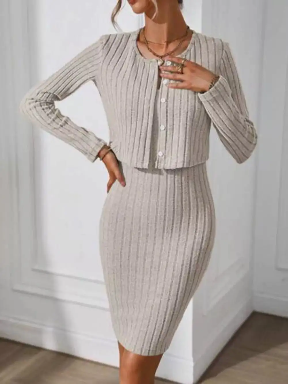 Layered Detail Ribbed Knit Sweater Dress