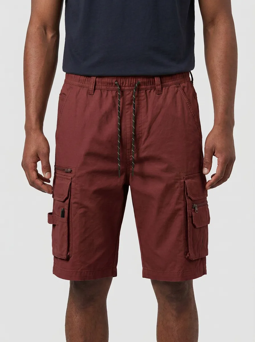 Men's Khaki Multi-Pocket Drawstring Cargo Shorts