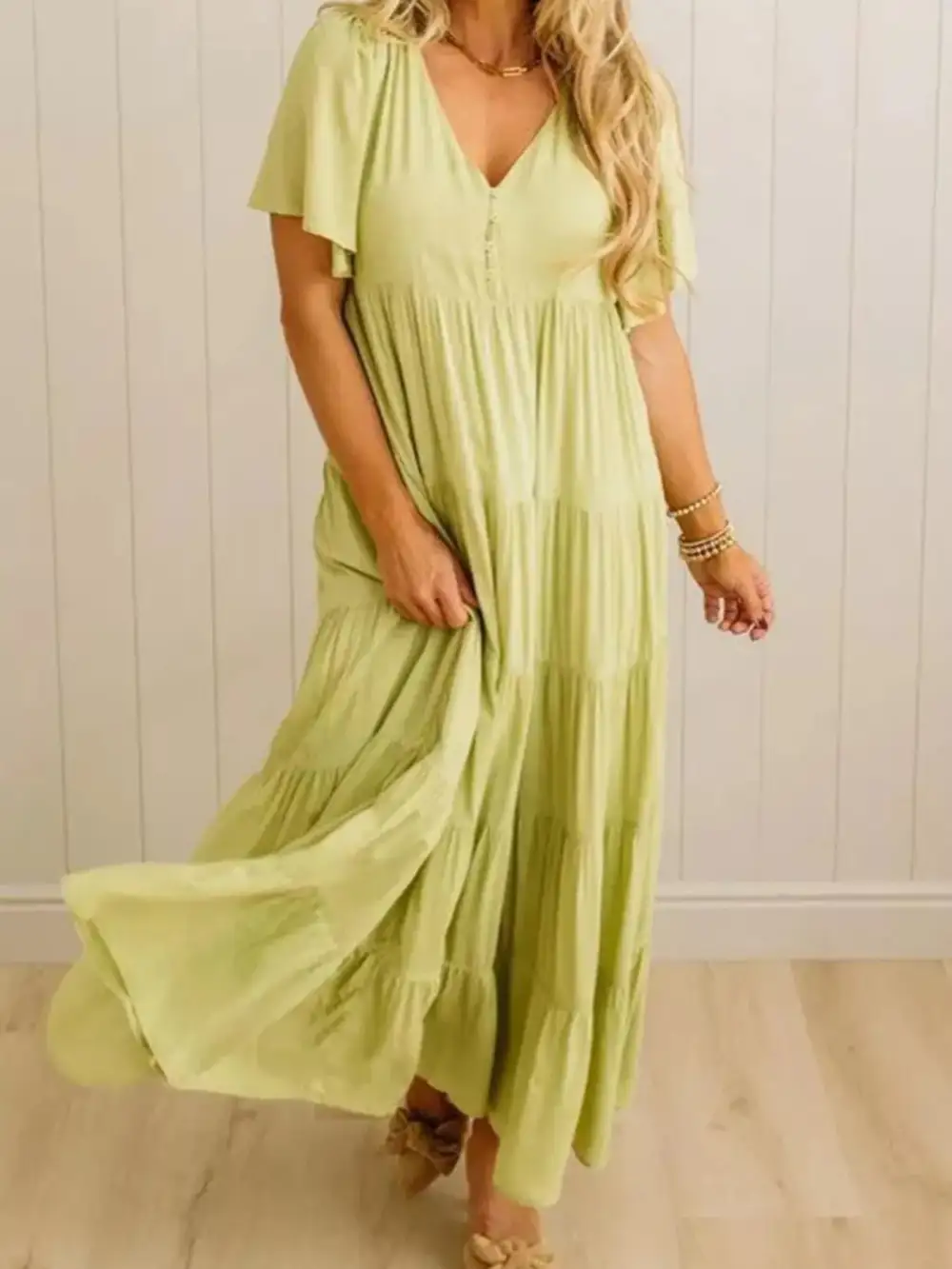 V Neck Tiered Midi Dress