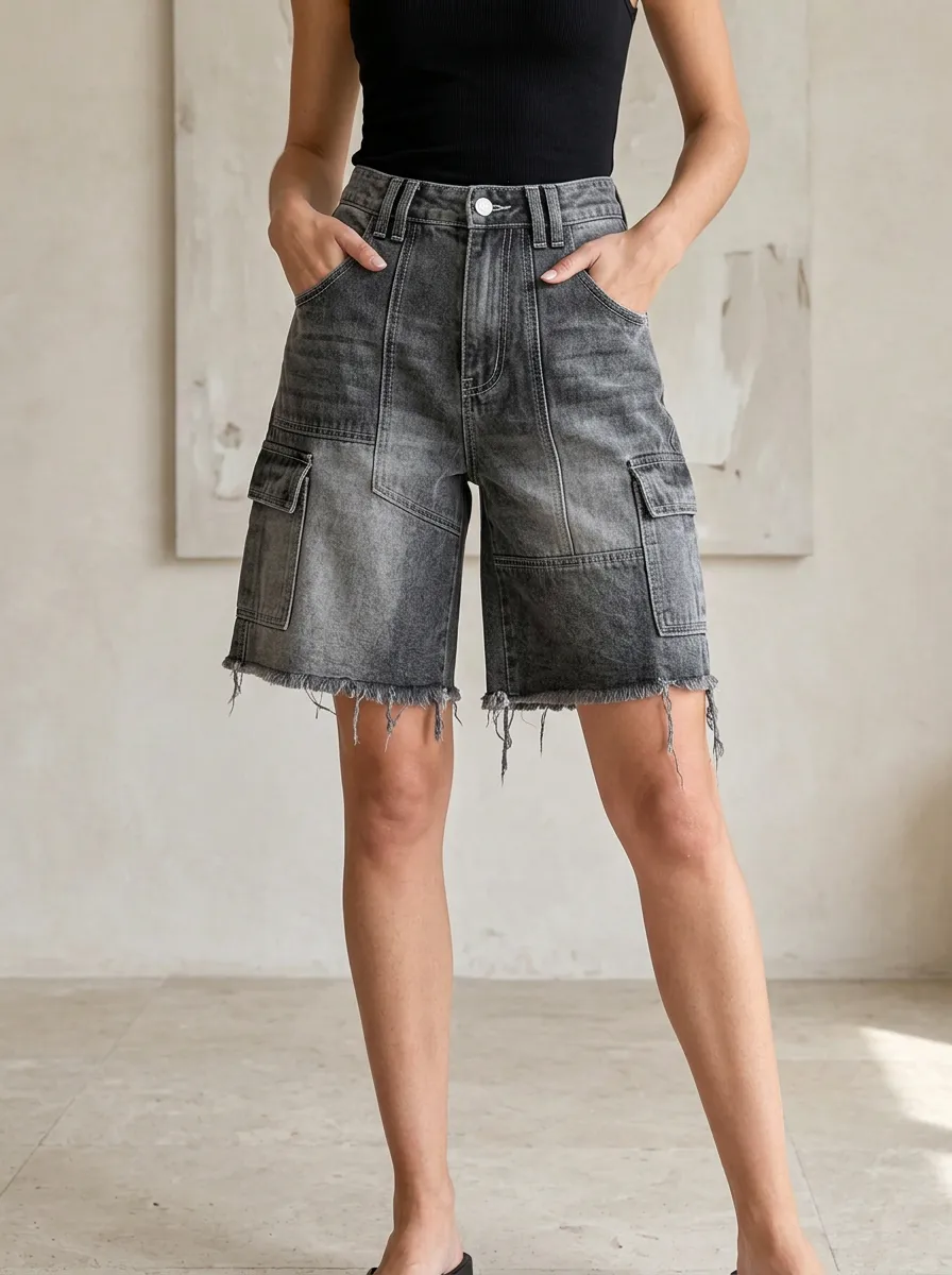 Women's Washed Grey Cargo Patchwork Raw Hem Denim Shorts