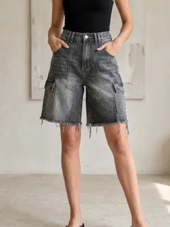 Women's Washed Grey Cargo Patchwork Raw Hem Denim Shorts