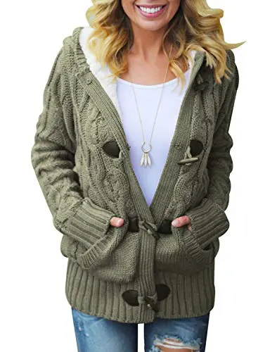 Womens 2025 Winter Hooded Cardigans Button Up Cable Knit Sweater Coat Outerwear with Pockets