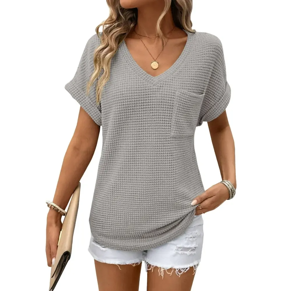 Women's Waffle Knit V-Neck Casual Summer Top
