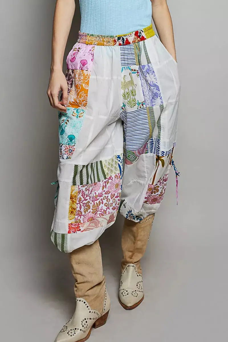 Relaxed Printed Patchwork Wide Leg Pants With Adjustable Side Drawstring