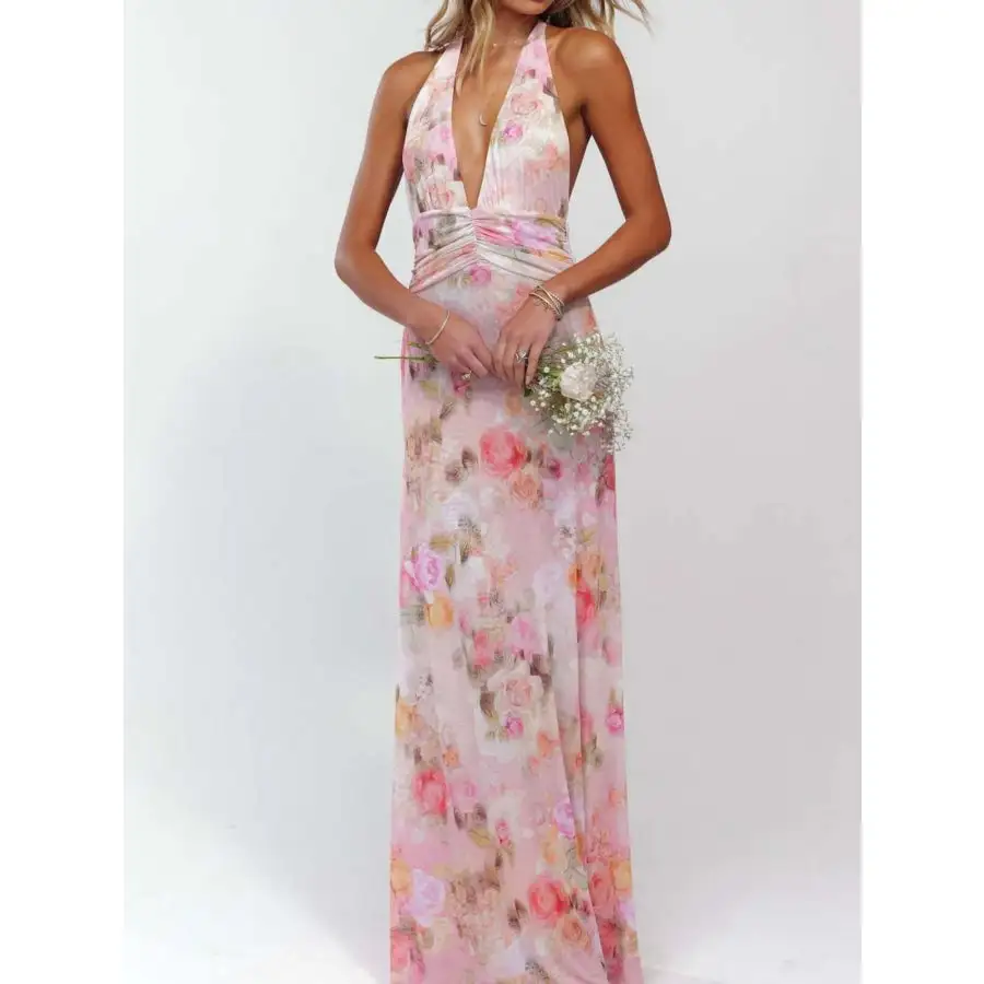 Floral Halter Neck Deep V Maxi Dress