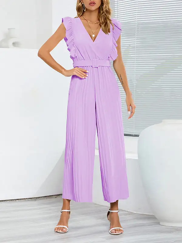 Hoog Getailleerde Losse Geplooide Jumpsuits Met V Hals