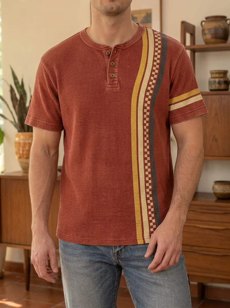 Men's Vintage Waffle Knit Checkered Stripe Printed Henley T-shirt