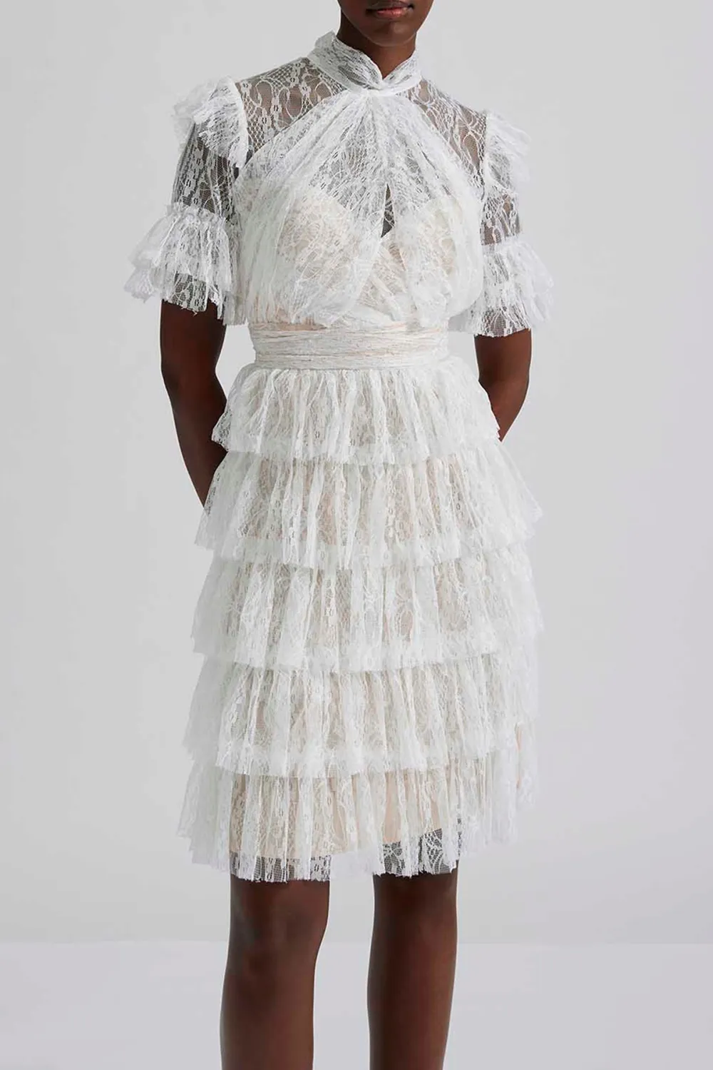 Ruffled Lace High Neck Mini Dress