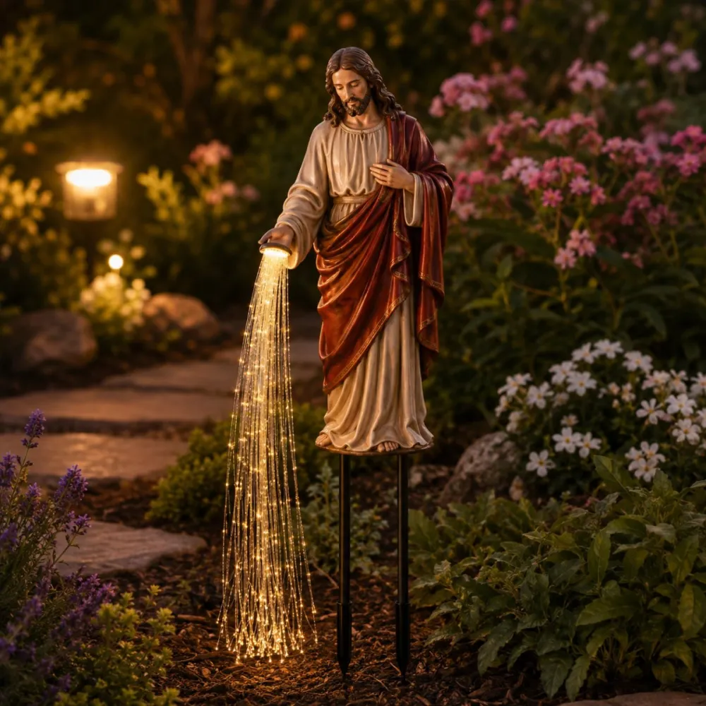 Solar Powered Jesus Light Statue - Flowing Fiber Optic Waterfall Garden Stake