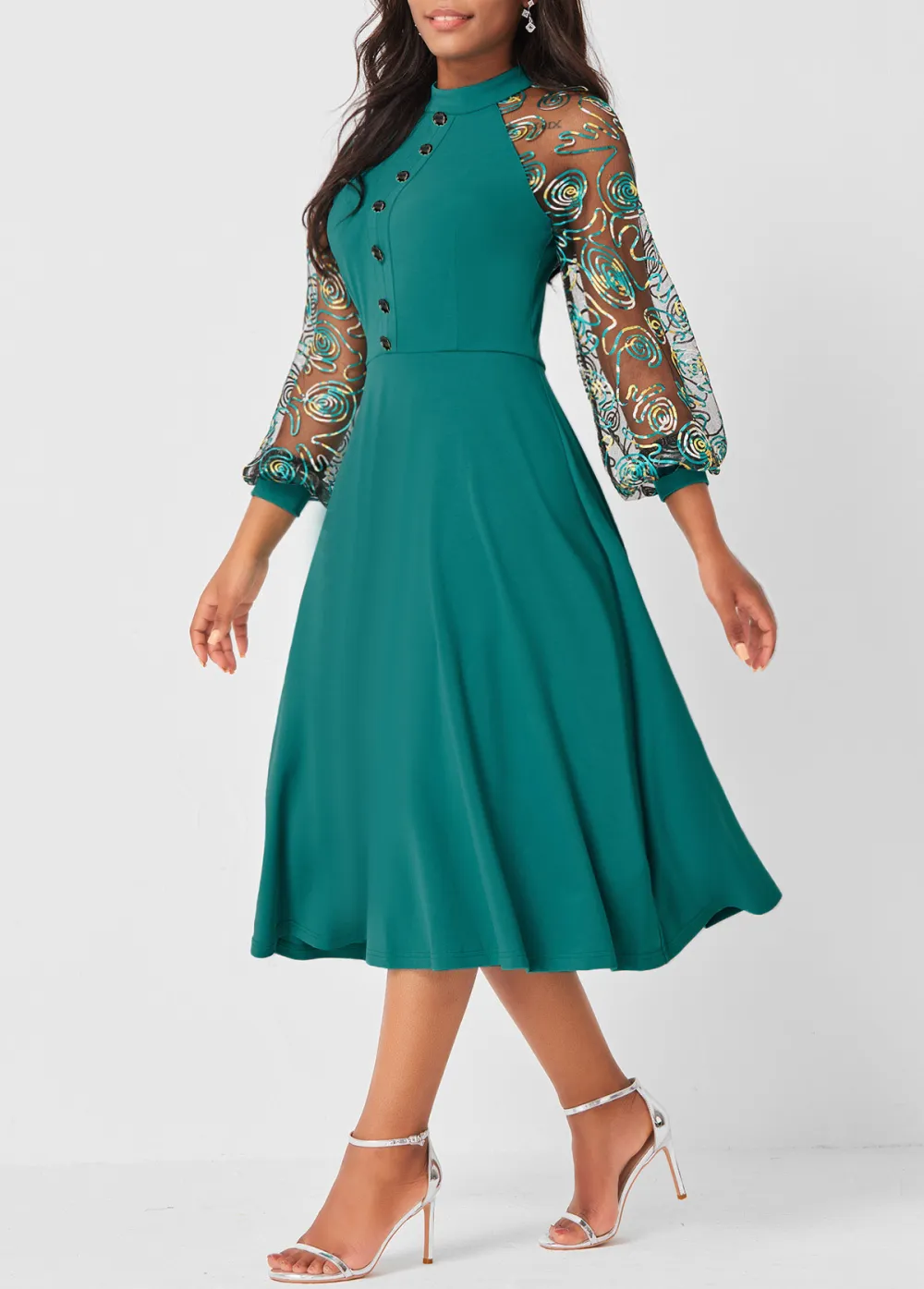 Green Sheer Mesh Decorative Button Dress