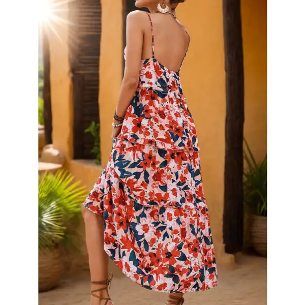 Frill Backless Printed Sleeveless Midi Dress