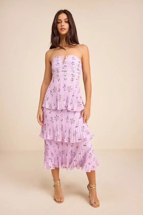 Hadelyn Lavender Floral Pleated Tiered Midi Dress