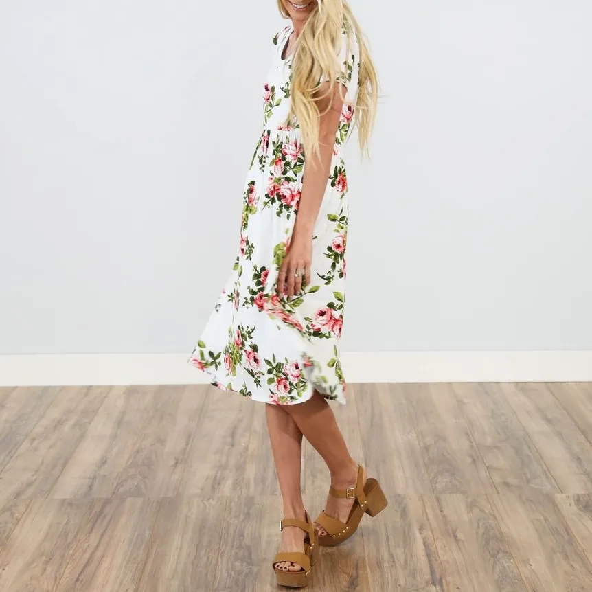 Plus Size Ivory Crew Neck Floral Dress