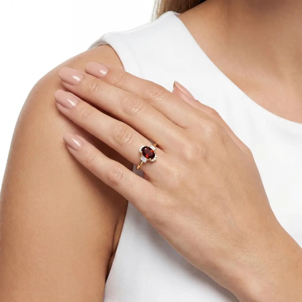 Simulated Ruby Oval Baguette Ring