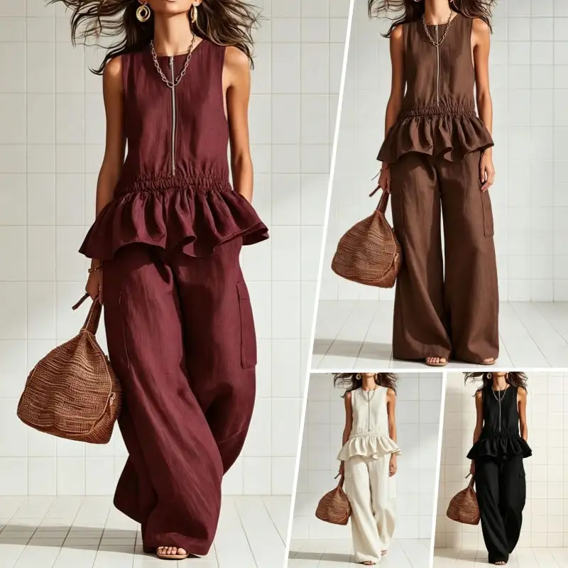 Wide-Leg Sleeveless Pleated Women's Matching Set