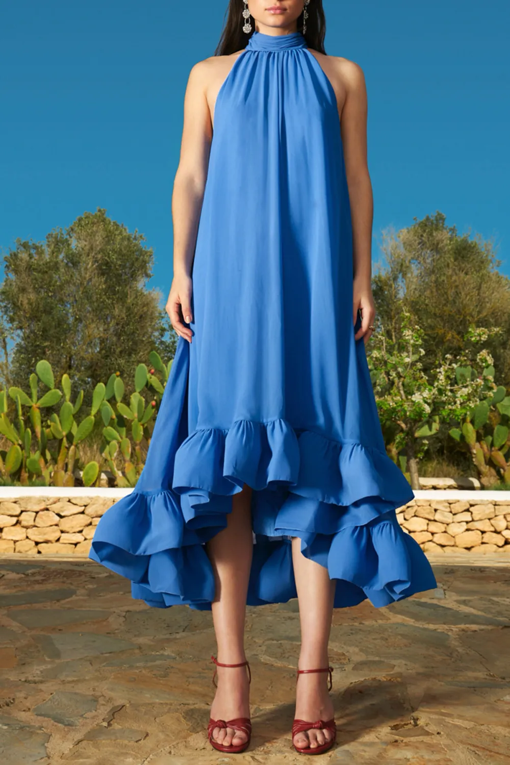 Halter Neck Asymmetric Hem Maxi Dress