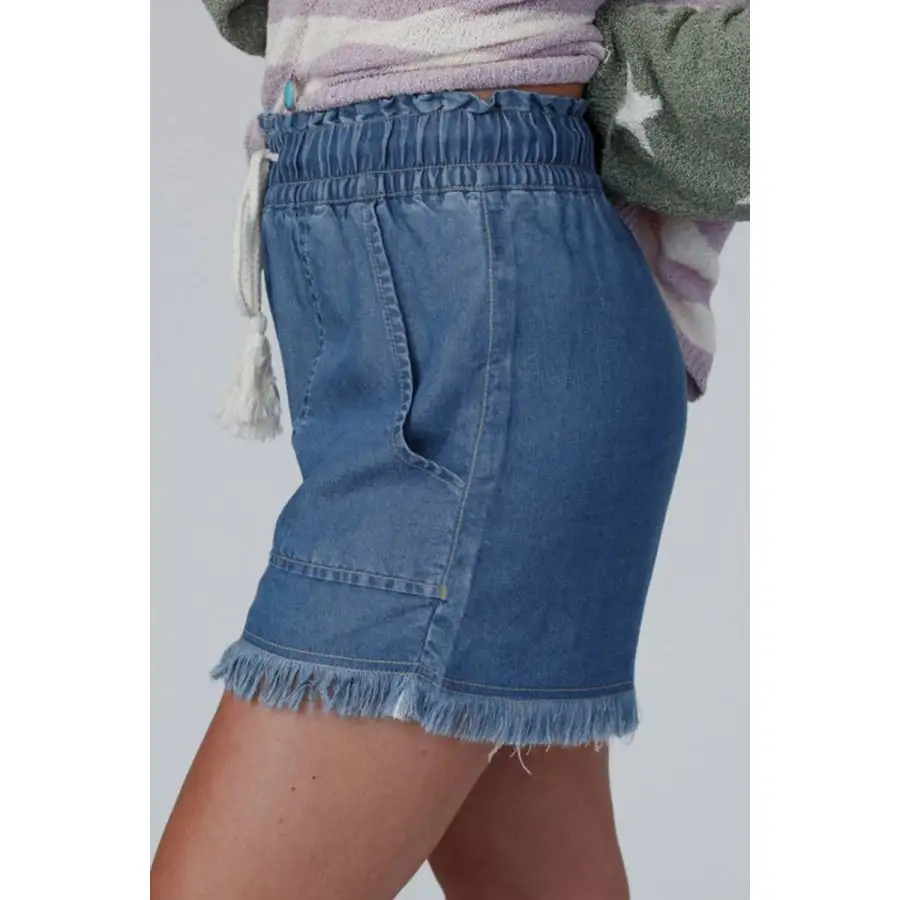 Raw Hem Drawstring High Waist Denim Shorts with Pockets