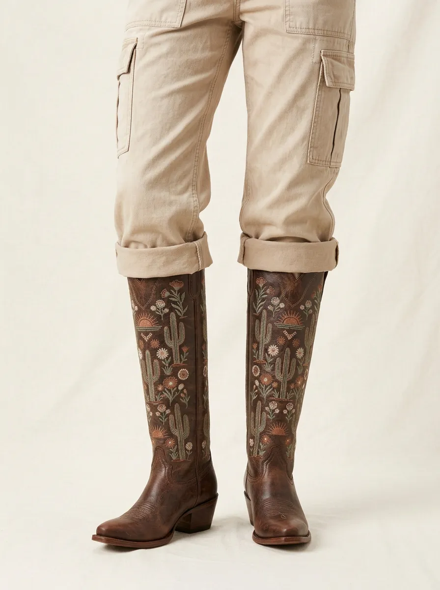 Women's Western Cactus Floral Sun Embroidered Pointed-Toe Denim Over-the-Knee Boots